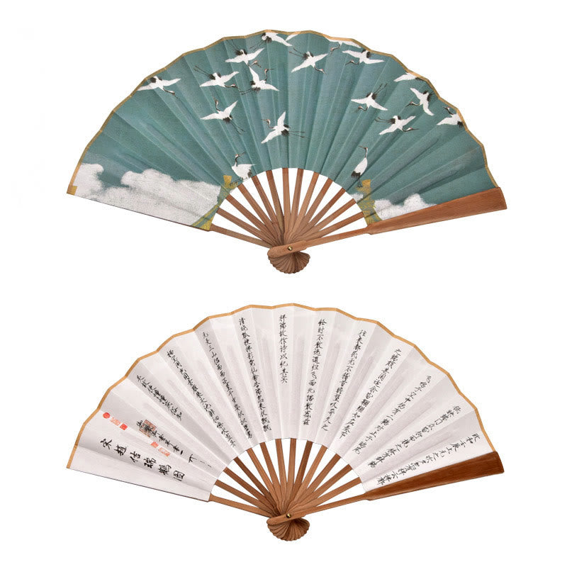 Buddha Stones Cranes Auspicious Clouds Solid Color Gradient Handheld Bamboo Folding Fan - Gru bruna, poesia antica, 33 cm - image 10