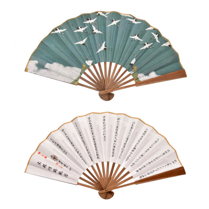 Buddha Stones Cranes Auspicious Clouds Solid Color Gradient Handheld Bamboo Folding Fan - Gru bruna, poesia antica, 33 cm - image 10