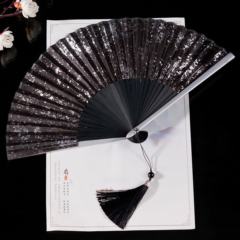 Buddha Stones Cranes Auspicious Clouds Solid Color Gradient Handheld Bamboo Folding Fan - Nero Argento 22 cm - image 15