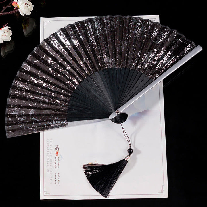 Buddha Stones Cranes Auspicious Clouds Solid Color Gradient Handheld Bamboo Folding Fan - Nero Argento 22 cm - image 15