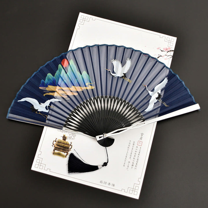 Buddha Stones Cranes Auspicious Clouds Solid Color Gradient Handheld Bamboo Folding Fan - Gru dipinta 21 cm - image 13