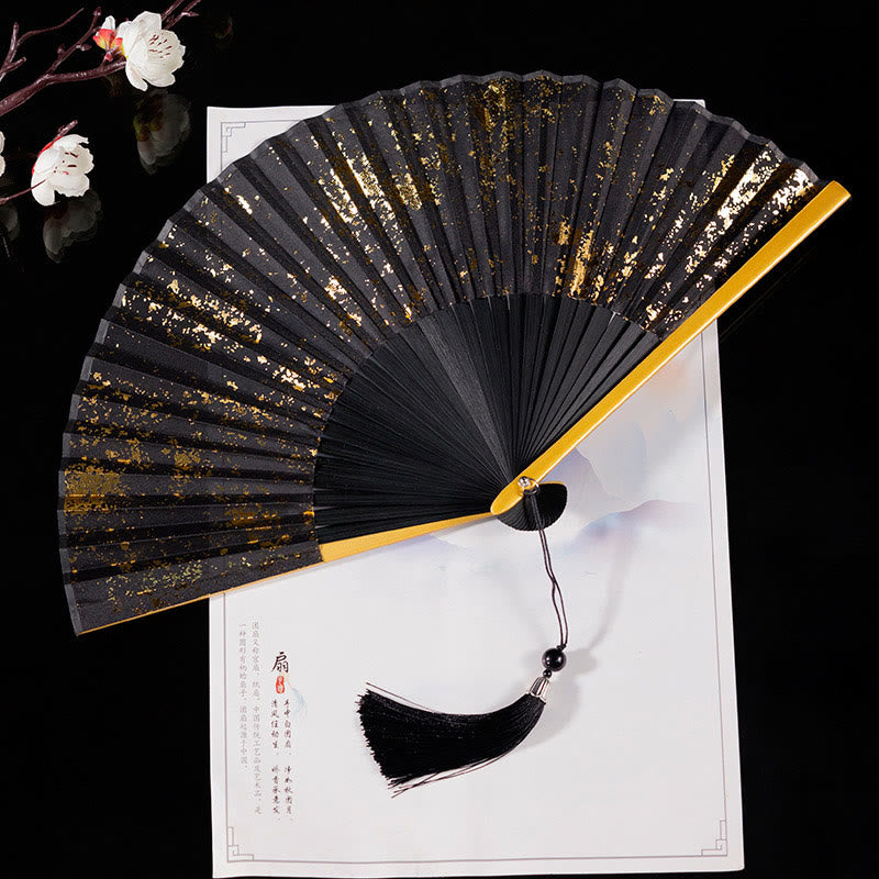 Buddha Stones Cranes Auspicious Clouds Solid Color Gradient Handheld Bamboo Folding Fan - Oro nero 22 cm - image 14