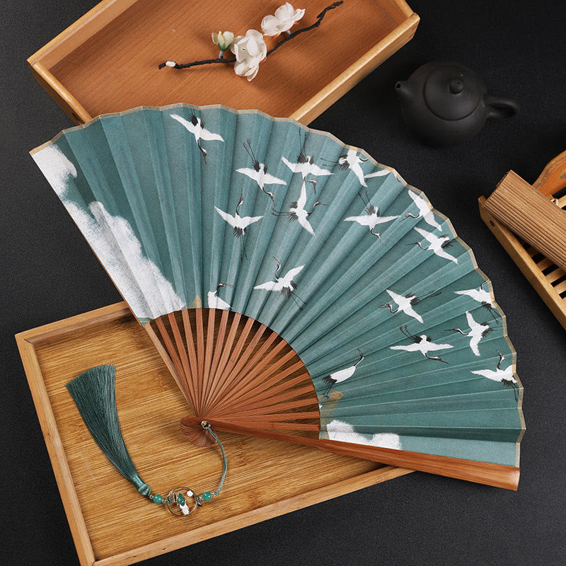 Buddha Stones Cranes Auspicious Clouds Solid Color Gradient Handheld Bamboo Folding Fan - Gru bruna 30 cm - image 16