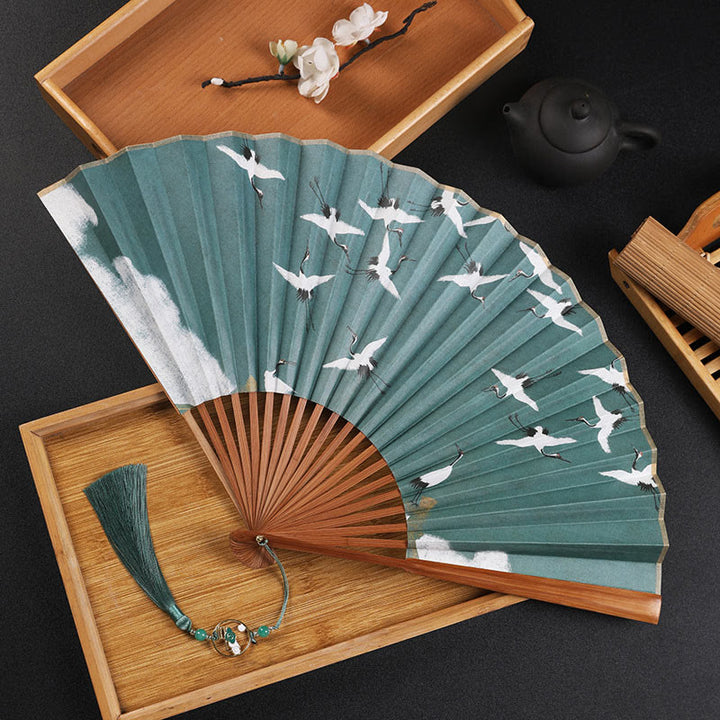 Buddha Stones Cranes Auspicious Clouds Solid Color Gradient Handheld Bamboo Folding Fan - Gru bruna 30 cm - image 16