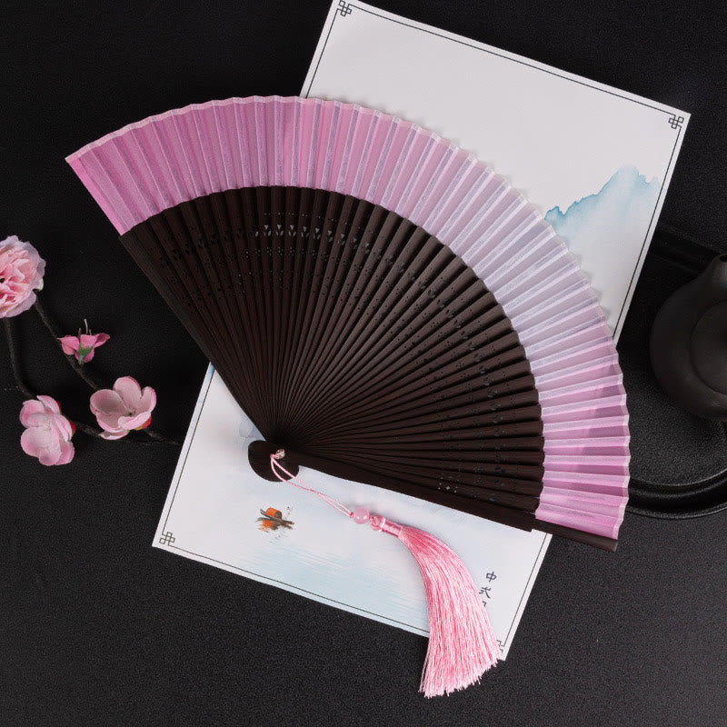 Buddha Stones Cranes Auspicious Clouds Solid Color Gradient Handheld Bamboo Folding Fan - Sfumatura rosa 21 cm - image 21