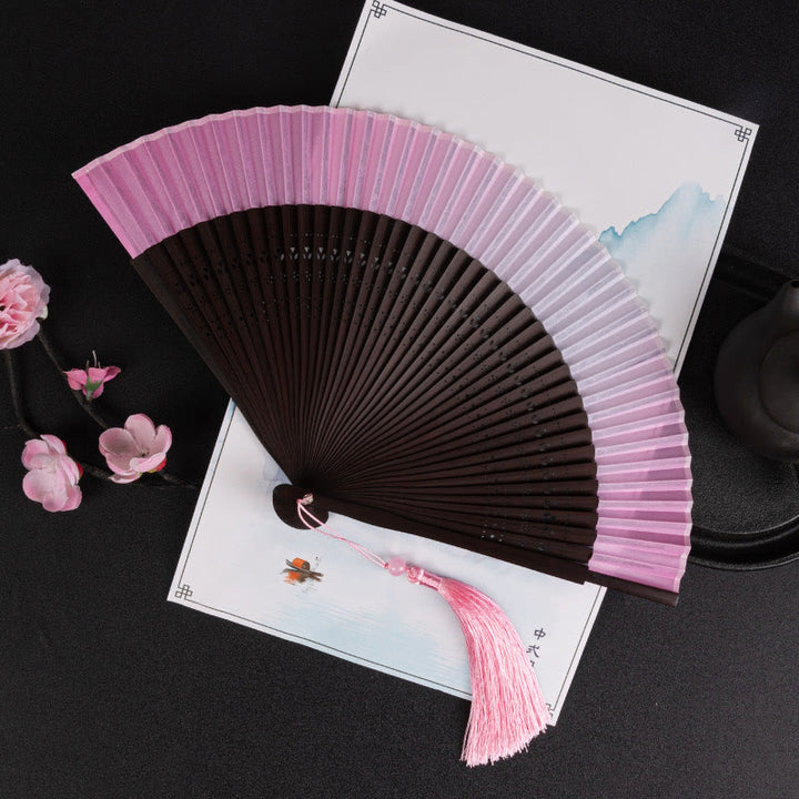 Buddha Stones Cranes Auspicious Clouds Solid Color Gradient Handheld Bamboo Folding Fan - Sfumatura rosa 21 cm - image 21
