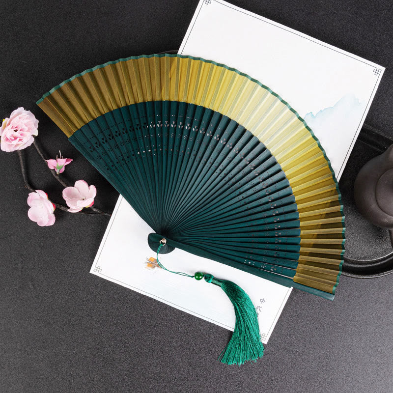 Buddha Stones Cranes Auspicious Clouds Solid Color Gradient Handheld Bamboo Folding Fan - Sfumatura gialla 21 cm - image 17