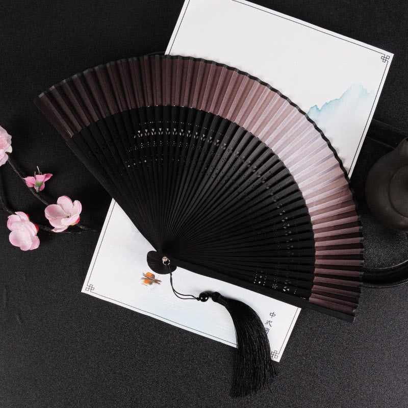 Buddha Stones Cranes Auspicious Clouds Solid Color Gradient Handheld Bamboo Folding Fan - Maglia a coste nera sfumata marrone 21 cm - image 24