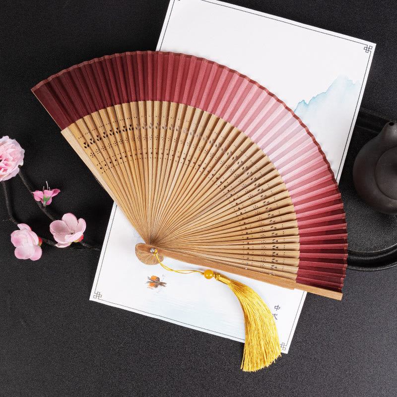Buddha Stones Cranes Auspicious Clouds Solid Color Gradient Handheld Bamboo Folding Fan - Costine marroni sfumate rosse, 21 cm - image 22