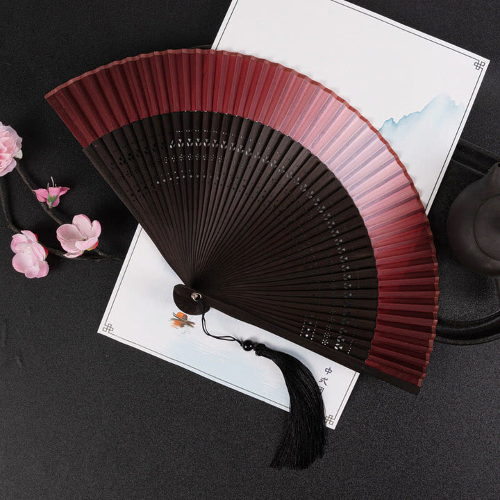 Buddha Stones Cranes Auspicious Clouds Solid Color Gradient Handheld Bamboo Folding Fan - Sfumatura rossa 21 cm - image 18