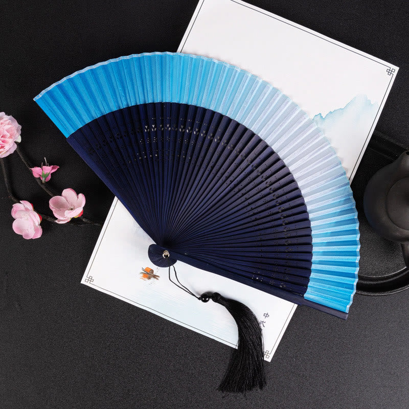 Buddha Stones Cranes Auspicious Clouds Solid Color Gradient Handheld Bamboo Folding Fan - Sfumatura blu 21 cm - image 19