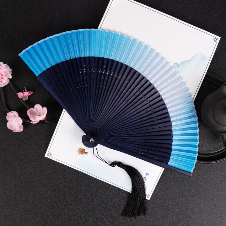 Buddha Stones Cranes Auspicious Clouds Solid Color Gradient Handheld Bamboo Folding Fan - Sfumatura blu 21 cm - image 19