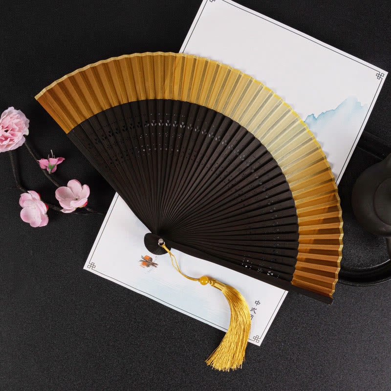 Buddha Stones Cranes Auspicious Clouds Solid Color Gradient Handheld Bamboo Folding Fan - Maglia a coste nera sfumata gialla, 21 cm - image 23