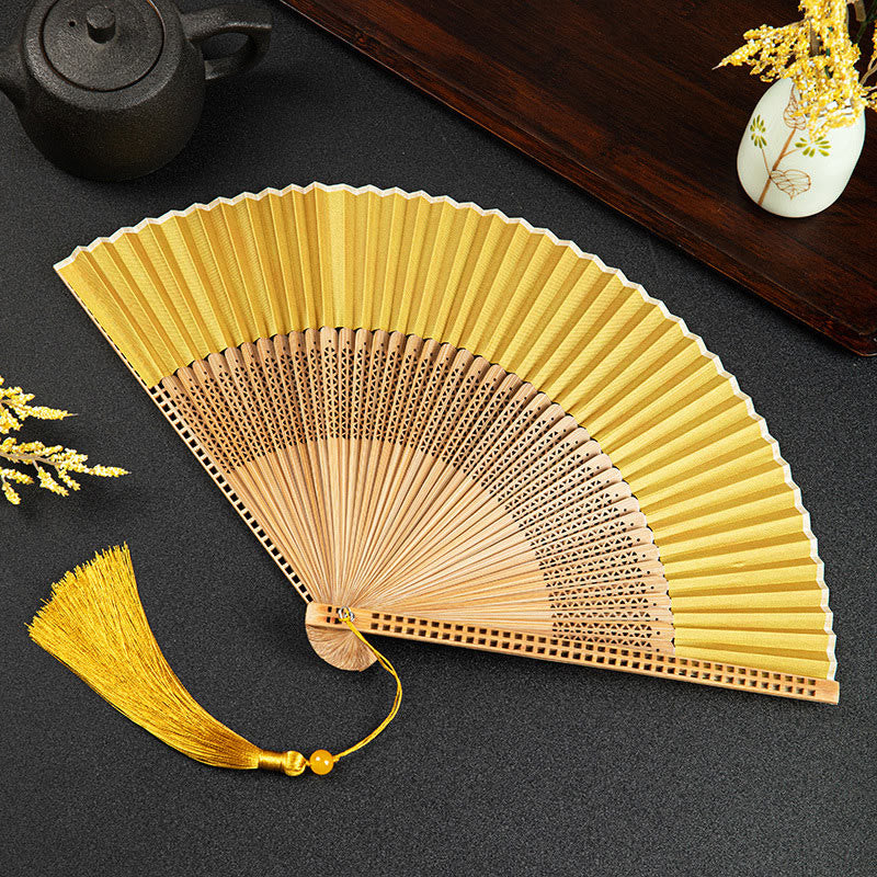 Buddha Stones Cranes Auspicious Clouds Solid Color Gradient Handheld Bamboo Folding Fan - Cavo giallo 21 cm - image 27