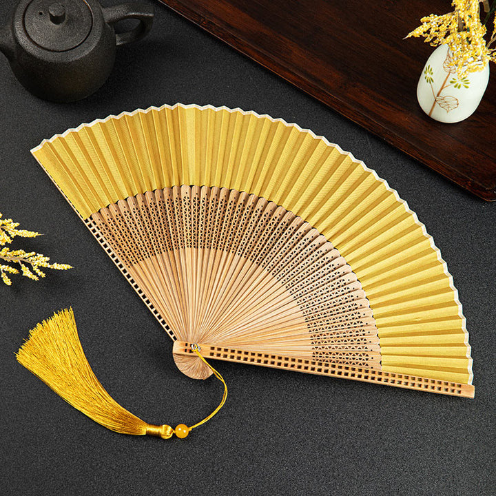 Buddha Stones Cranes Auspicious Clouds Solid Color Gradient Handheld Bamboo Folding Fan - Cavo giallo 21 cm - image 27