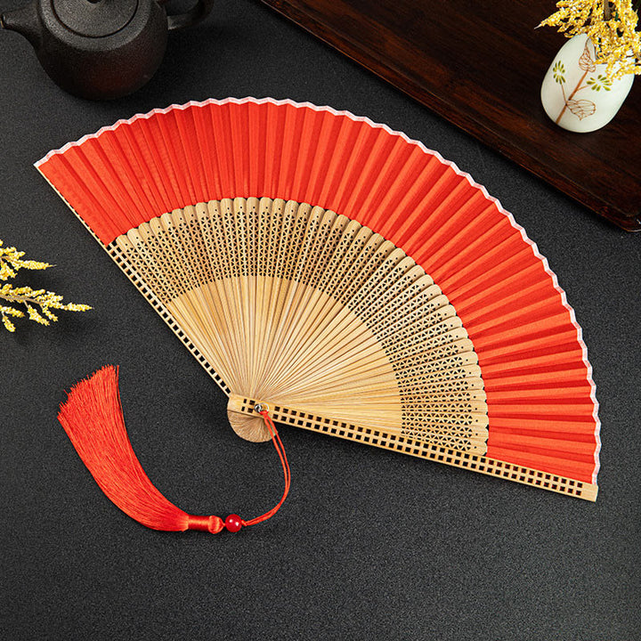 Buddha Stones Cranes Auspicious Clouds Solid Color Gradient Handheld Bamboo Folding Fan - Cavo rosso 21 cm - image 26