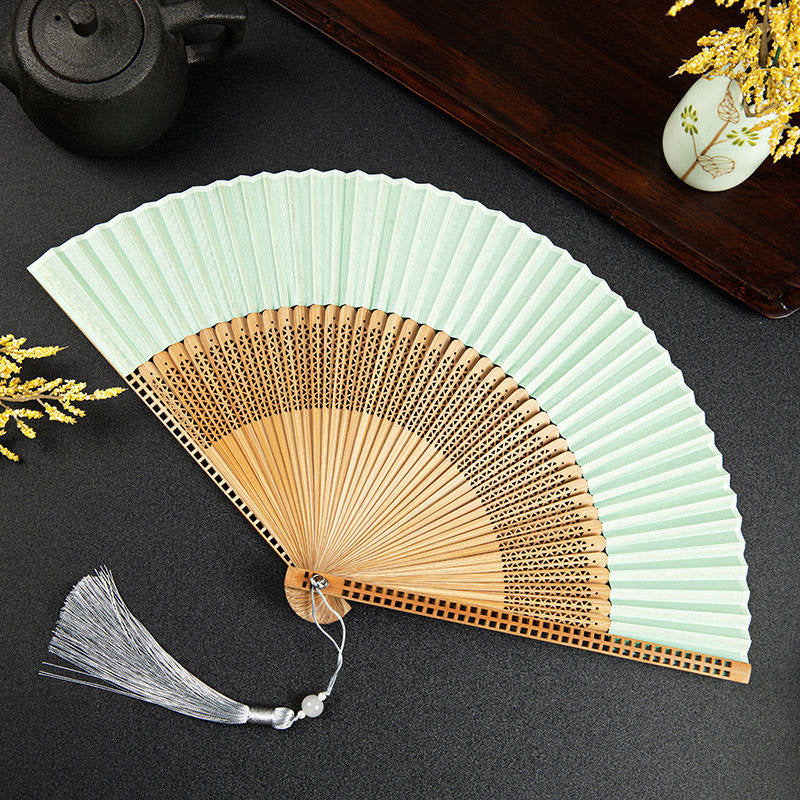 Buddha Stones Cranes Auspicious Clouds Solid Color Gradient Handheld Bamboo Folding Fan - Cavo verde chiaro, 21 cm - image 29