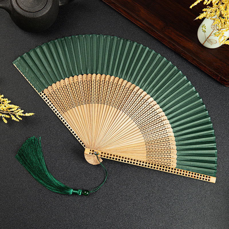Buddha Stones Cranes Auspicious Clouds Solid Color Gradient Handheld Bamboo Folding Fan - Cavo verde scuro, 21 cm - image 25
