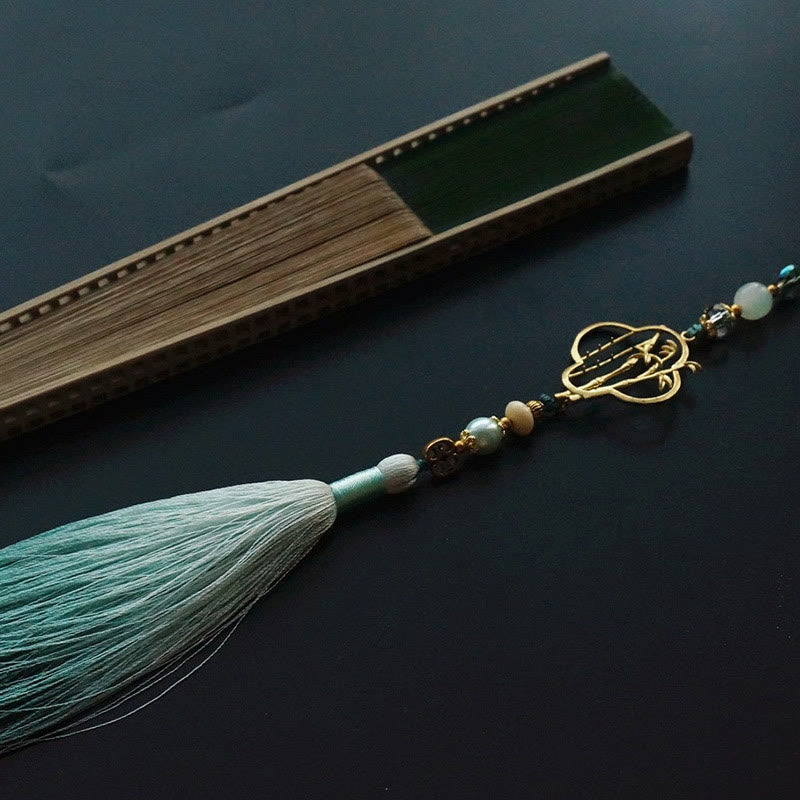 Buddha Stones Ventaglio pieghevole in bambù con nappe e costole cave in seta verde scuro - image 12