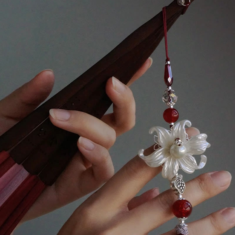 Buddha Stones Ventaglio pieghevole in bambù con nappe di giglio rosso e costole cave in seta - image 13