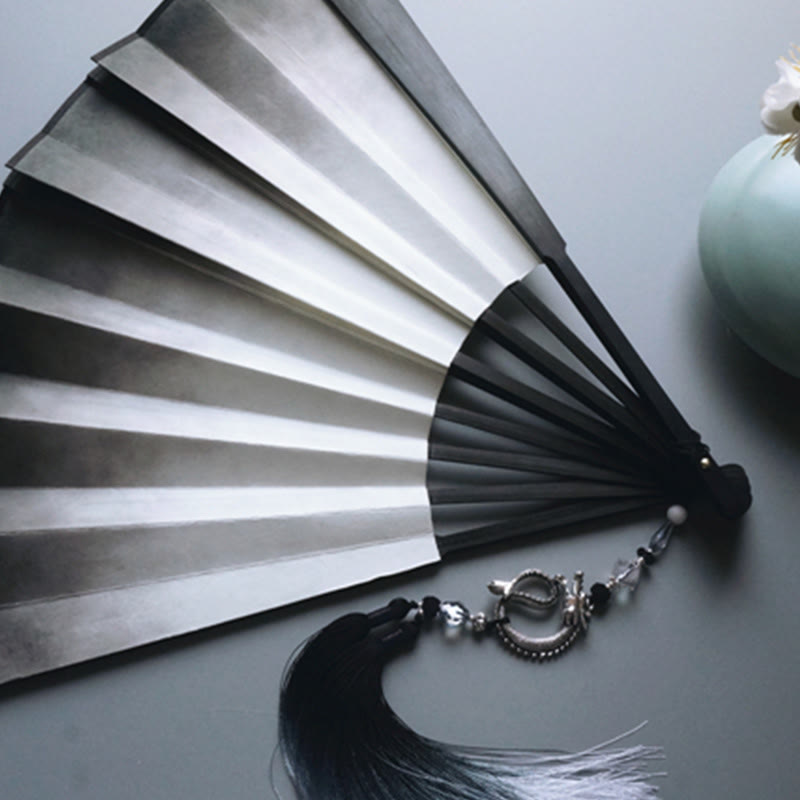 Buddha Stones Ventaglio pieghevole in bambù con carta di riso e inchiostro bianco e nero - image 7