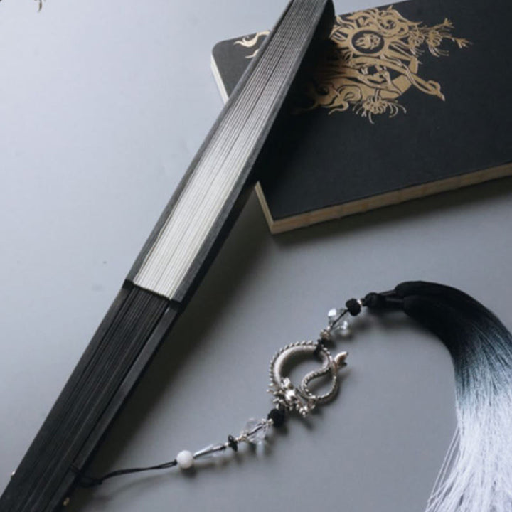 Buddha Stones Ventaglio pieghevole in bambù con carta di riso e inchiostro bianco e nero - image 10