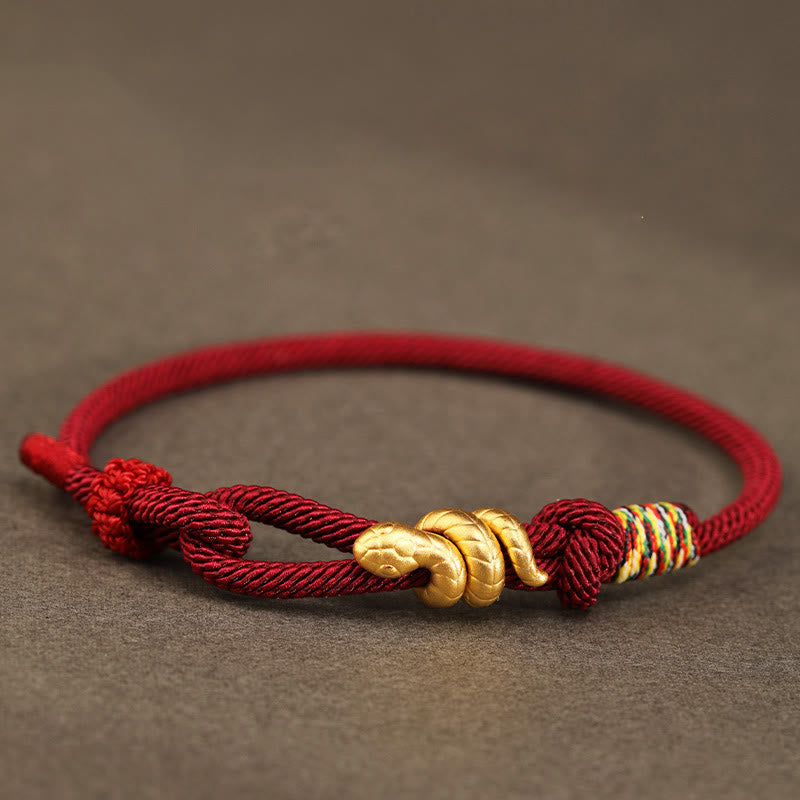 Braccialetto intrecciato con corda di protezione dalla fortuna fatto a mano con design dell'anno del serpente , Buddha Stones , oro 999 - Rosso scuro - 17-19 cm - Oro 0,48 g - image 0