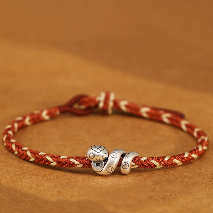 Bracciale intrecciato con protezione per monete in rame fatto a mano con Buddha Stones in argento sterling 999 Anno del serpente