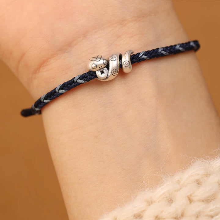 Bracciale intrecciato con protezione per monete in rame fatto a mano con Buddha Stones in argento sterling 999 Anno del serpente