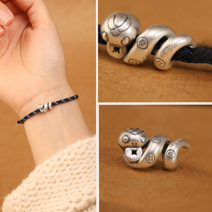 Bracciale intrecciato con protezione per monete in rame fatto a mano con Buddha Stones in argento sterling 999 Anno del serpente