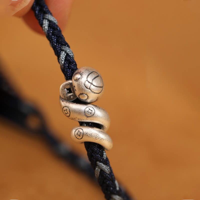 Bracciale intrecciato con protezione per monete in rame fatto a mano con Buddha Stones in argento sterling 999 Anno del serpente