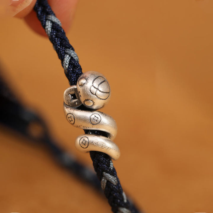 Bracciale intrecciato con protezione per monete in rame fatto a mano con Buddha Stones in argento sterling 999 Anno del serpente
