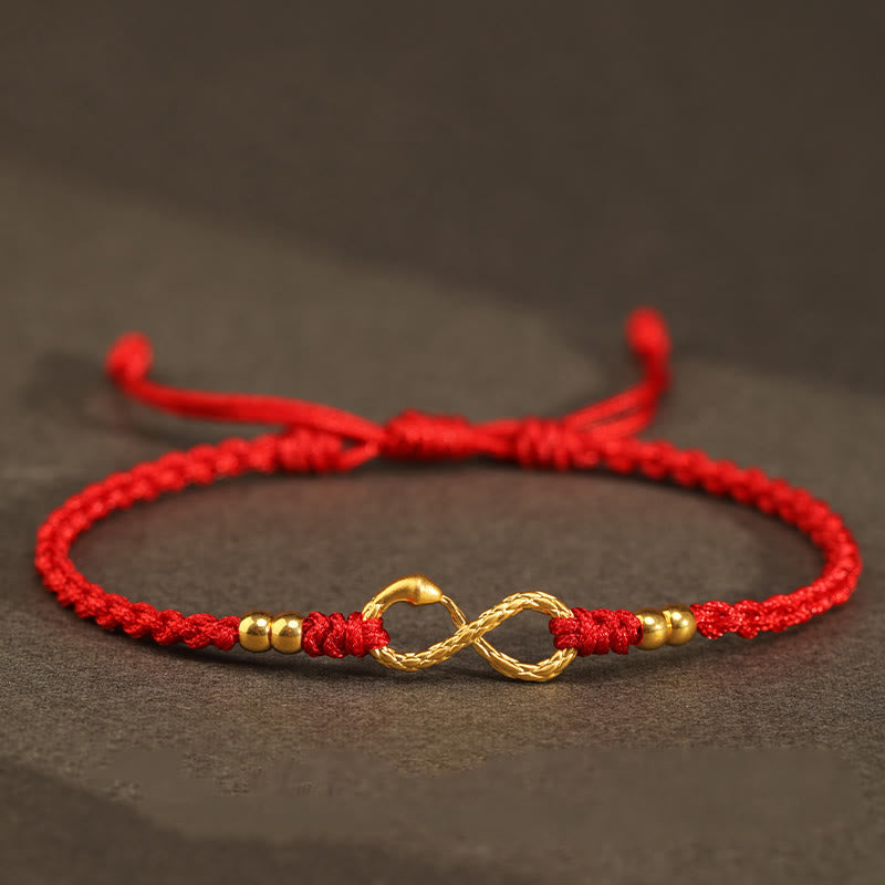Buddha Stones 999 Oro Anno del Serpente Eterno Nodo Infinito Braccialetto Fatto a Mano della Fortuna - Serpente a quattro perle in oro 999 - Rosso (circonferenza del polso 14-18 cm) - image 19