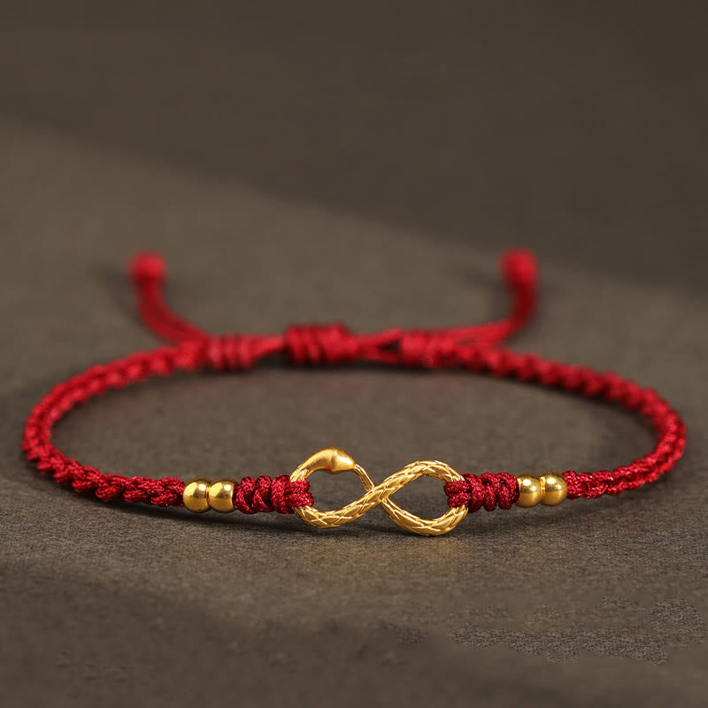 Buddha Stones 999 Oro Anno del Serpente Eterno Nodo Infinito Braccialetto Fatto a Mano della Fortuna - Serpente a quattro perle in oro 999 - Rosso scuro (circonferenza polso 14-18 cm) - image 9