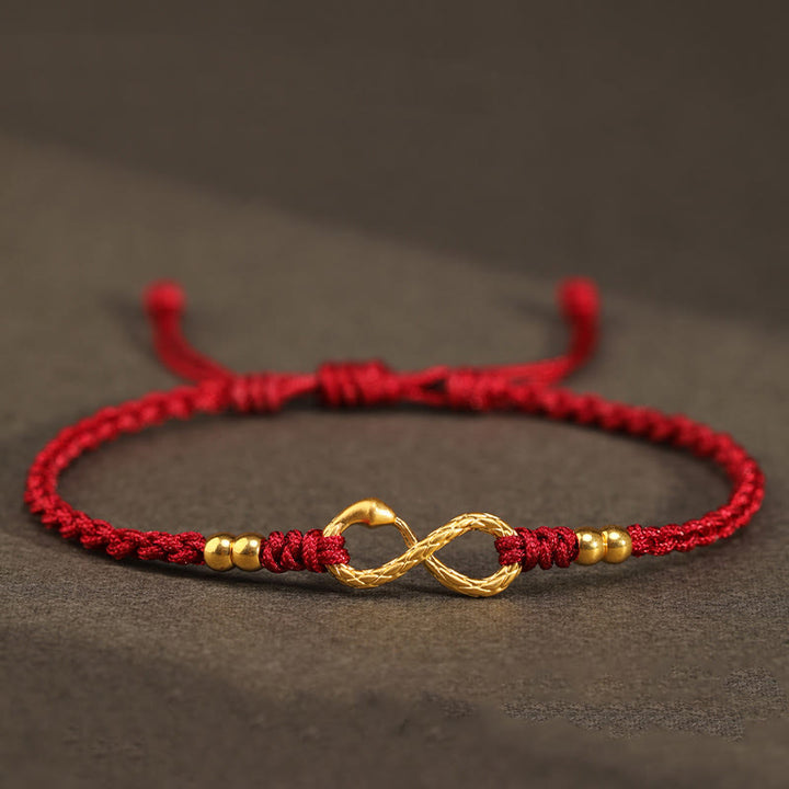 Buddha Stones 999 Oro Anno del Serpente Eterno Nodo Infinito Braccialetto Fatto a Mano della Fortuna - Serpente a quattro perle in oro 999 - Rosso scuro (circonferenza polso 14-18 cm) - image 9