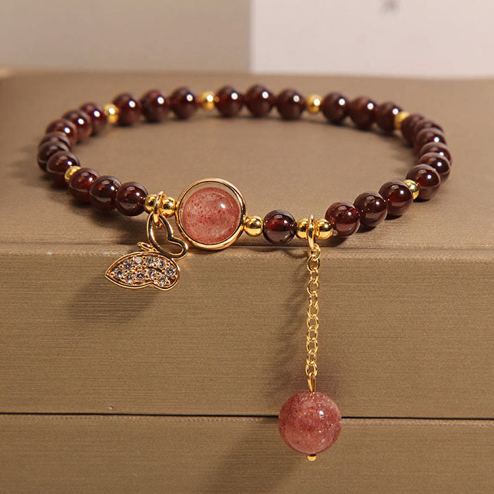 Braccialetto di protezione a farfalla in quarzo fragola e granato naturale Buddha Stones