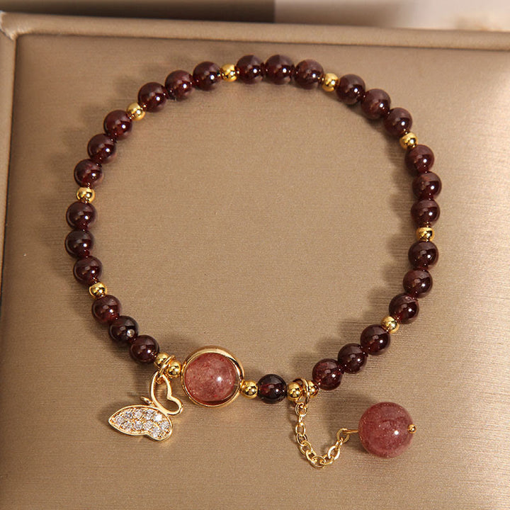 Braccialetto di protezione a farfalla in quarzo fragola e granato naturale Buddha Stones