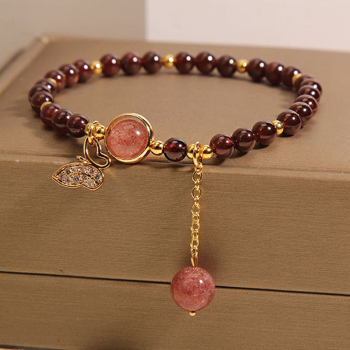 Braccialetto di protezione a farfalla in quarzo fragola e granato naturale Buddha Stones