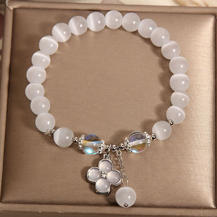 Braccialetto dell'amore con ciondolo a forma di quadrifoglio fortunato con cristalli occhio di gatto Buddha Stones