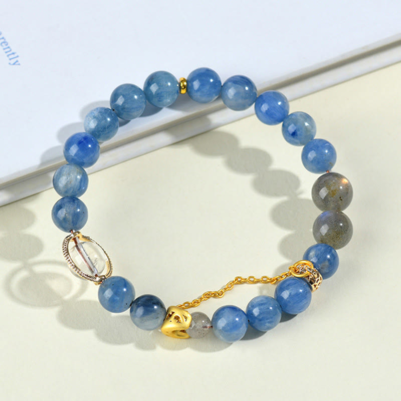 Braccialetto di comunicazione con luna crescente in cristallo bianco, cianite naturale, labradorite e Buddha Stones