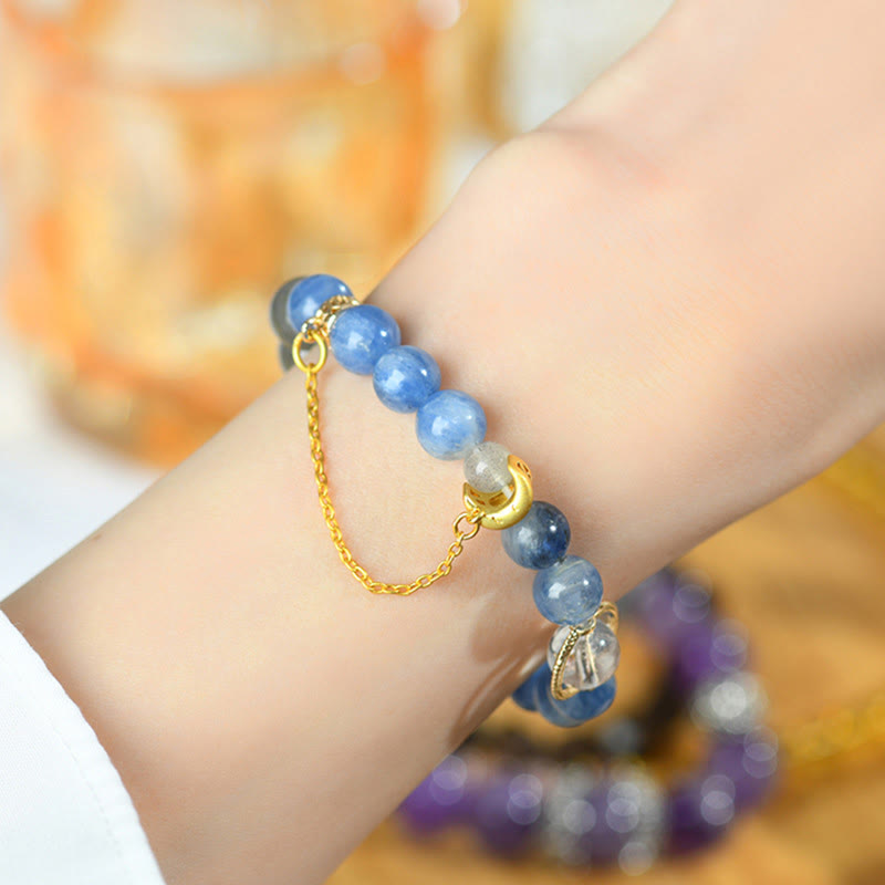 Braccialetto di comunicazione con luna crescente in cristallo bianco, cianite naturale, labradorite e Buddha Stones