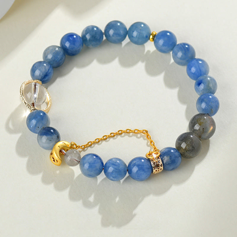 Braccialetto di comunicazione con luna crescente in cristallo bianco, cianite naturale, labradorite e Buddha Stones