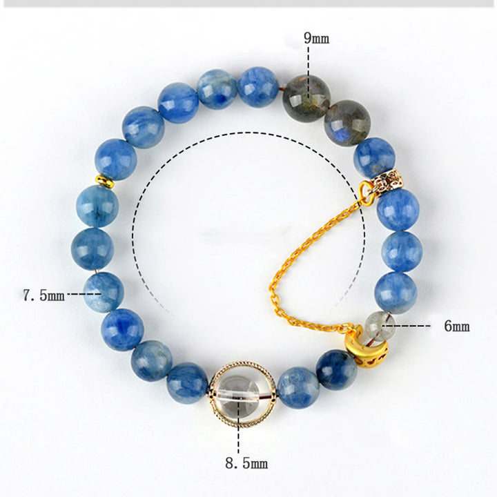 Braccialetto di comunicazione con luna crescente in cristallo bianco, cianite naturale, labradorite e Buddha Stones