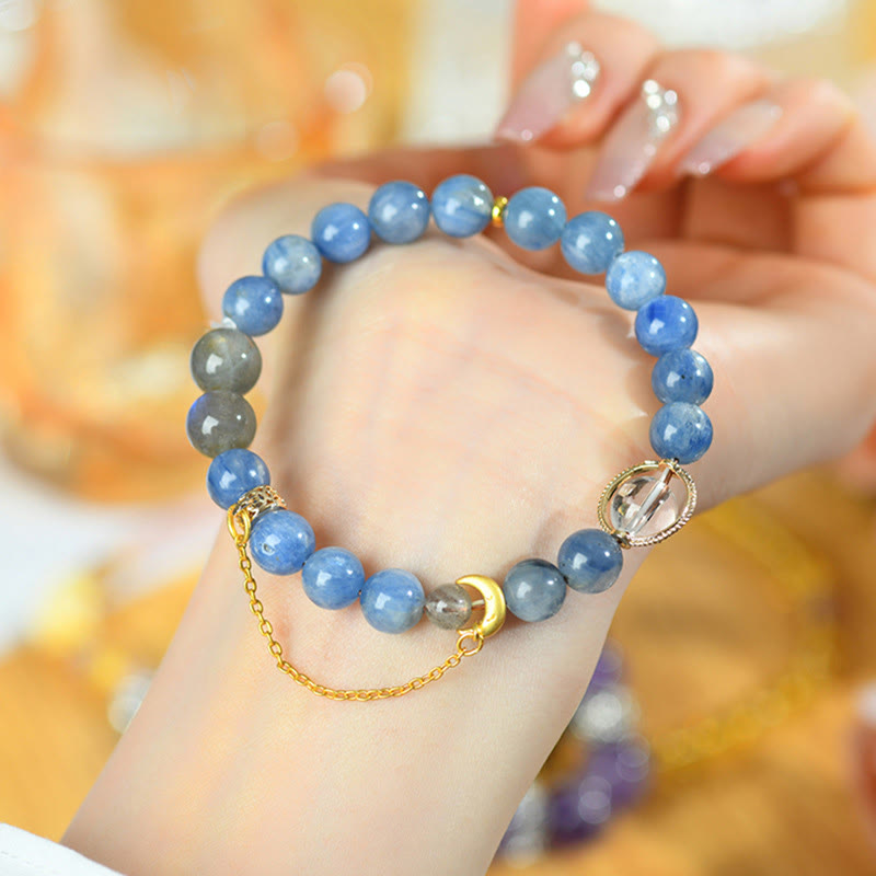 Braccialetto di comunicazione con luna crescente in cristallo bianco, cianite naturale, labradorite e Buddha Stones