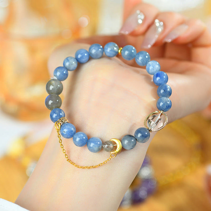 Braccialetto di comunicazione con luna crescente in cristallo bianco, cianite naturale, labradorite e Buddha Stones