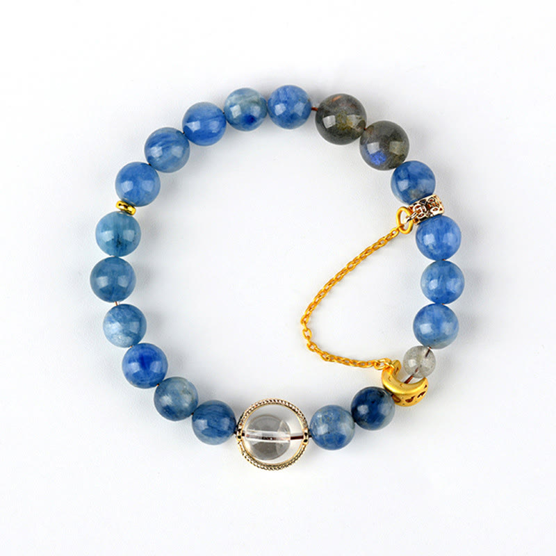 Braccialetto di comunicazione con luna crescente in cristallo bianco, cianite naturale, labradorite e Buddha Stones