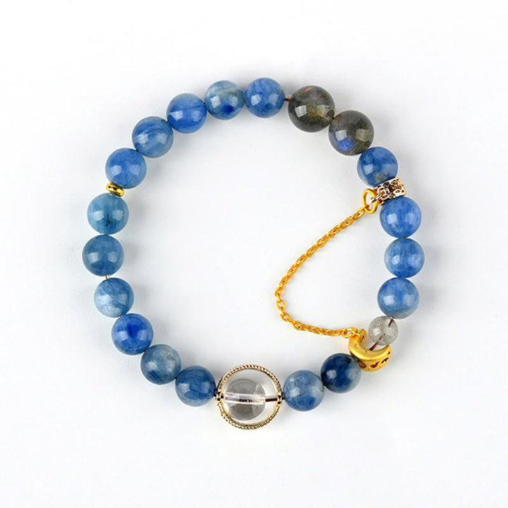 Braccialetto di comunicazione con luna crescente in cristallo bianco, cianite naturale, labradorite e Buddha Stones
