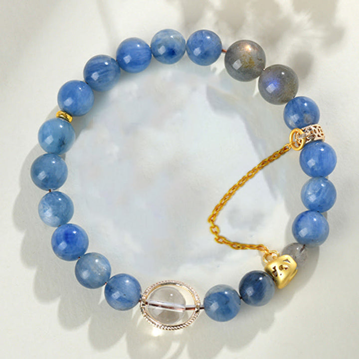 Braccialetto di comunicazione con luna crescente in cristallo bianco, cianite naturale, labradorite e Buddha Stones