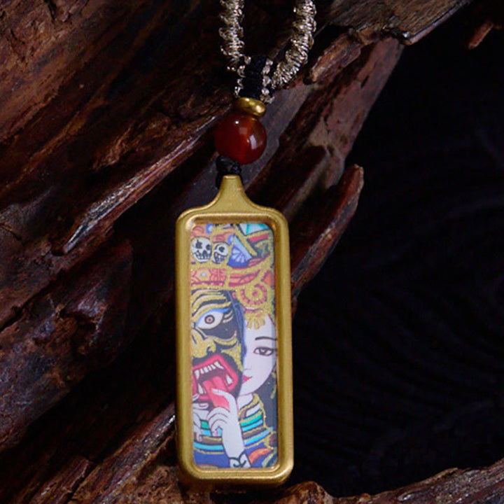 Collana con ciondolo Thangka Calma dipinta a mano, Buddha Stones Tibet Zakiram, Dio Giallo della Ricchezza, Volpe a Nove Code