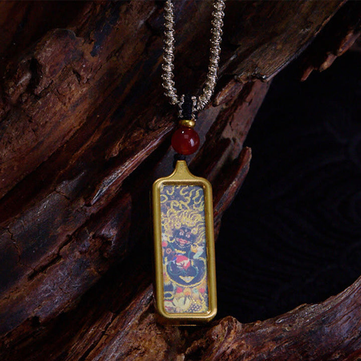 Collana con ciondolo Thangka Calma dipinta a mano, Buddha Stones Tibet Zakiram, Dio Giallo della Ricchezza, Volpe a Nove Code